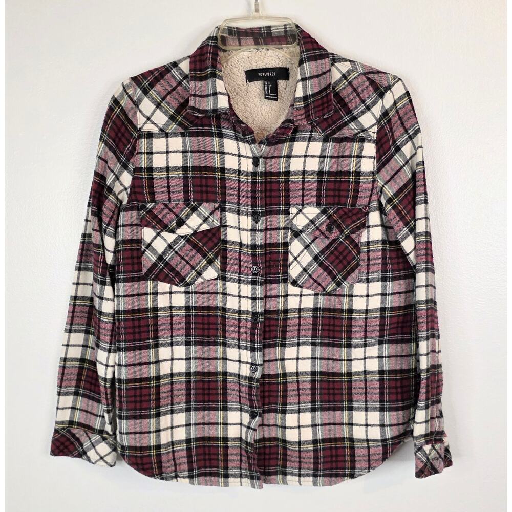 Forever21 Women's S/P Long Sleeve Flannel Shacket Sherpa Lined Red White Black